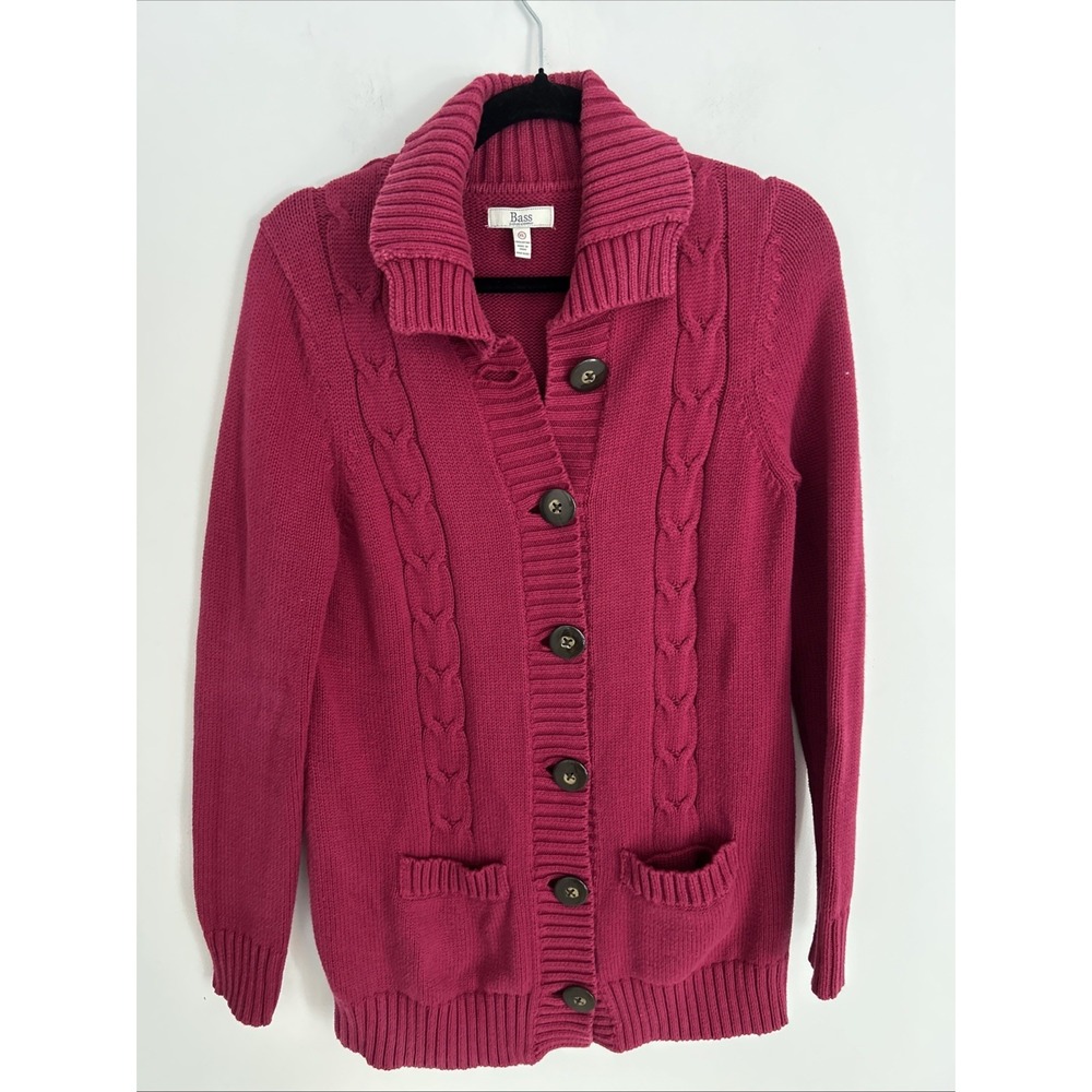 Bass Women's XL Cable Knit Red Wine Button Up Cardigan Sweater Pockets Mock Neck